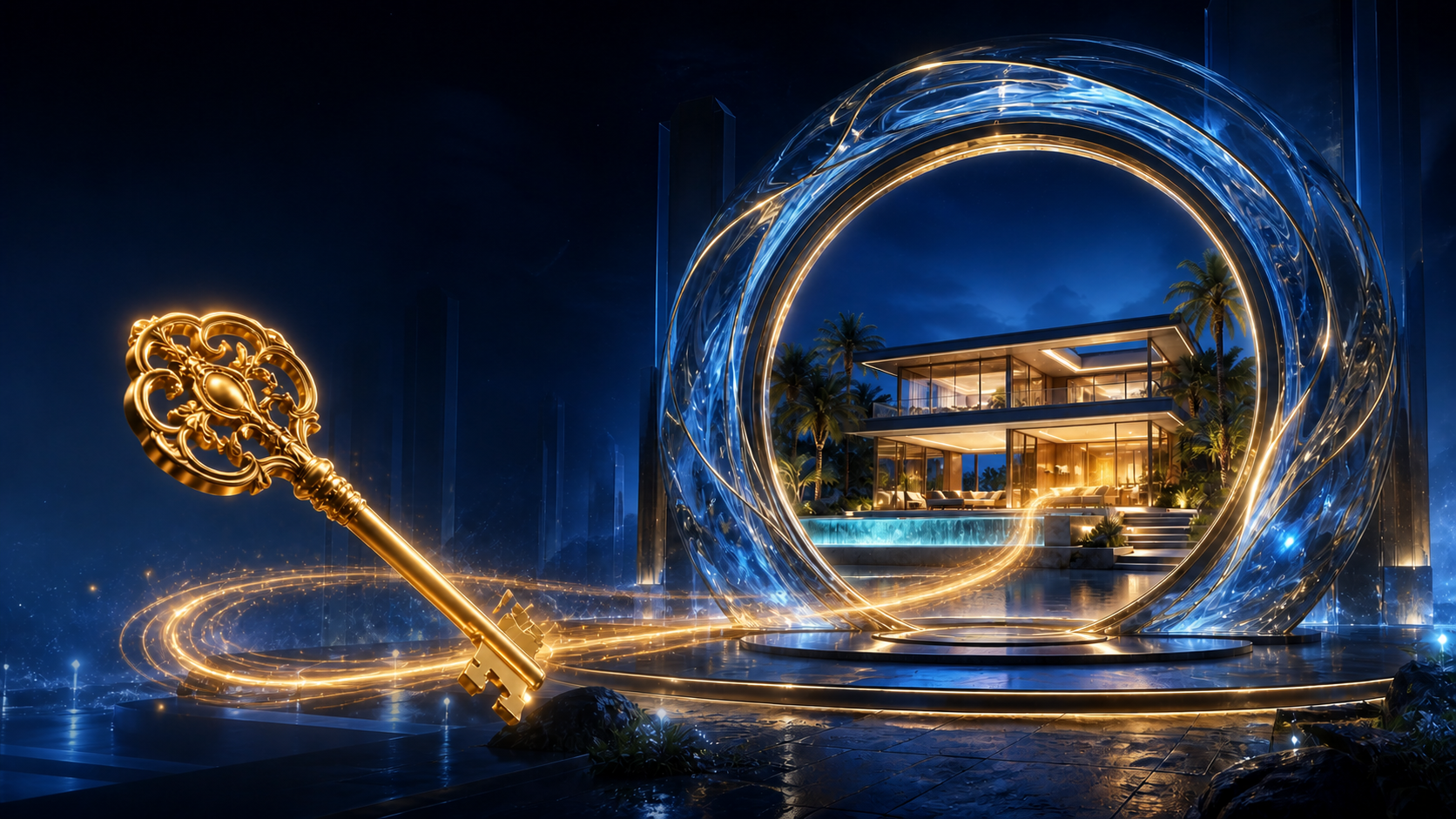 Llave dorada abriendo un portal hacia Residencia Horizonte Azul